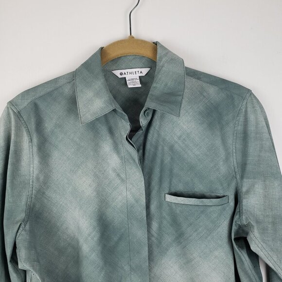 Athleta Urbanite Printed Top Green Button Up Long Sleeve Lightweight Size XS - Picture 2 of 8